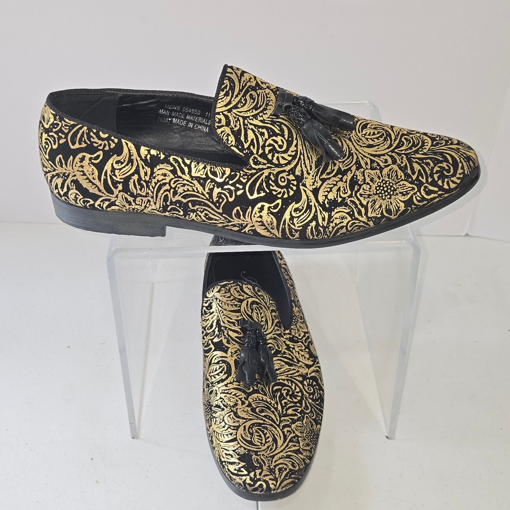 Amali Mens 11 Black Gold Floral Paisley Tassel Loafers Dress Shoes slip on shoes